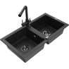 Mexen Mario dvoukomorový žulový dřez s kuchyňskou baterií Duero, černý/zlatý metalik - 6504-75-671600-70-B