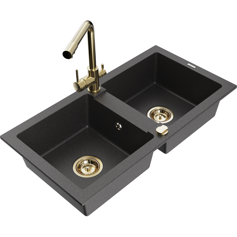 Mexen Mario granitový dřez s 2 komorami a kuchyňskou baterií Duero, černá skvrnitá - 6504-76-671600-50