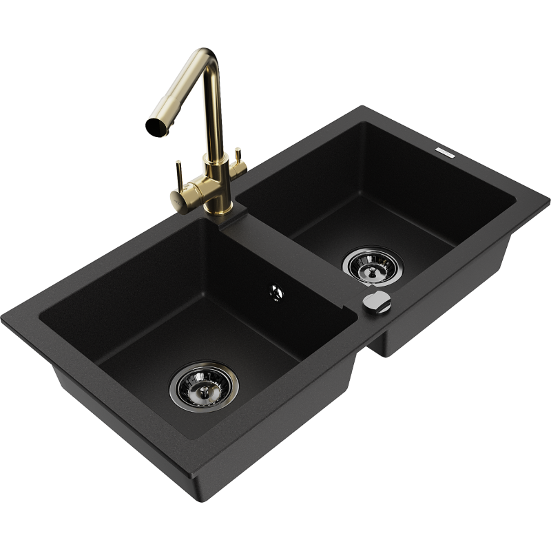 Mexen Mario žulový dřez s 2 komorami a kuchyňskou baterií Duero, černý - 6504-77-671600-50-B