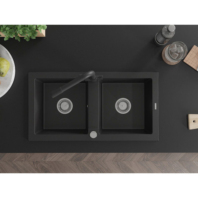 Mexen Mario granitový dřez s 2 komorami a kuchyňská baterie Duero, černá - 6504-77-671600-70