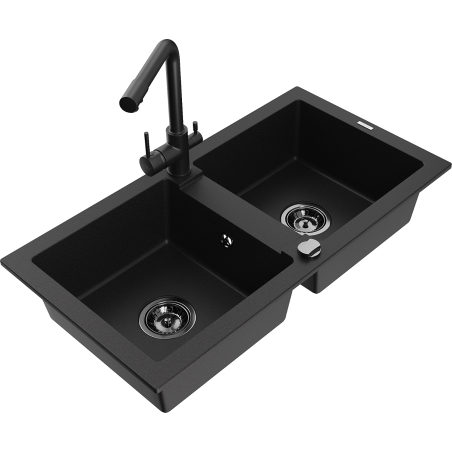 Mexen Mario dřez granitový 2-komorový s kuchyňskou baterií Duero, černý - 6504-77-671600-70-B