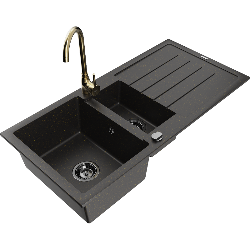 Mexen Andres granitový dřez 1,5-komorový s odkapávačem a kuchyňská baterie Telma, černá/zlatá - 6515-75-670200-50-B