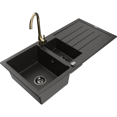 Mexen Andres granitový dřez 1,5-komorový s odkapávačem a kuchyňská baterie Telma, černá/zlatá - 6515-75-670200-50-B