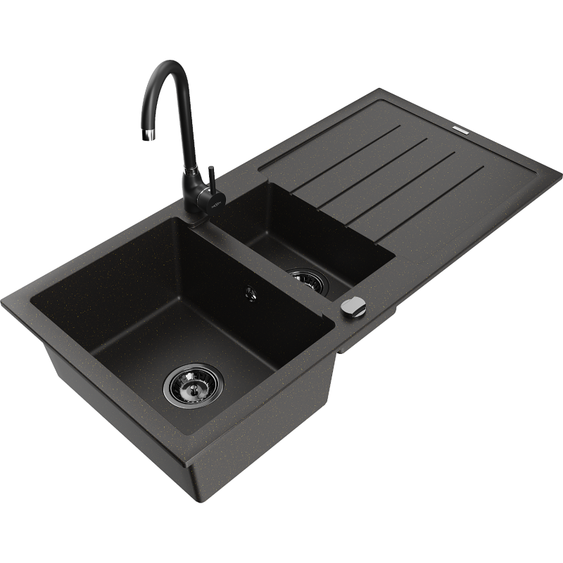 Mexen Andres granitový dřez 1,5-komorový s odkapávačem a kuchyňskou baterií Telma, černý/zlatý - 6515-75-670200-70-B