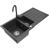 Mexen Andres granitový dřez 1,5-komorový s odkapávačem a kuchyňskou baterií Telma, černý kropenatý - 6515-76-670200-70