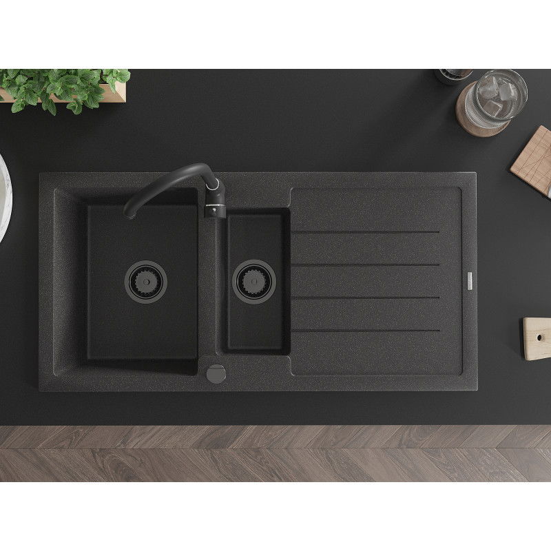 Mexen Andres žulový dřez 1,5-komorový s odkapávačem a kuchyňskou baterií Telma, černý skvrnitý - 6515-76-670200-70-B
