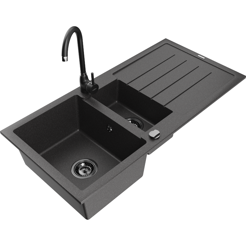 Mexen Andres žulový dřez 1,5-komorový s odkapávačem a kuchyňskou baterií Telma, černý skvrnitý - 6515-76-670200-70-B