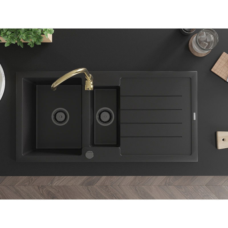 Mexen Andres žulový dřez 1,5-komorový s odkapávačem a kuchyňskou baterií Telma, černý - 6515-77-670200-50-B