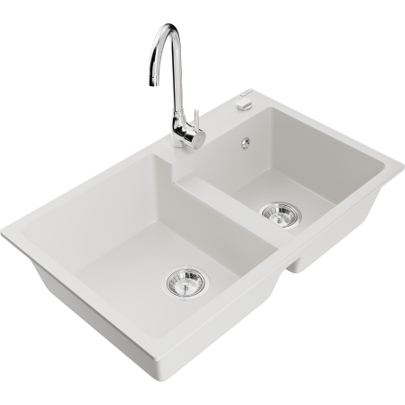 Mexen Tomas granitový dřez dvoukomorový s kuchyňskou baterií Telma, bílý - 6516-20-670200-00