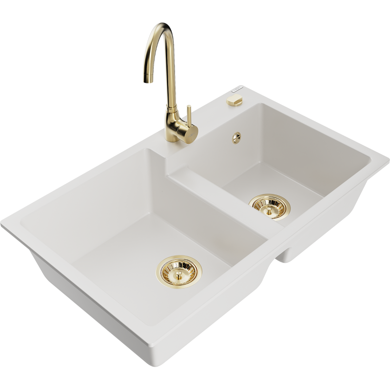 Mexen Tomas žulový dřez 2-komorový s kuchyňskou baterií Telma, bílý - 6516-20-670200-50