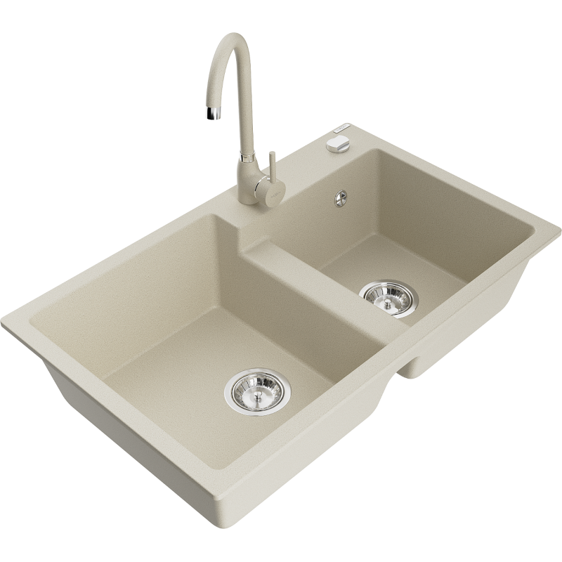 Mexen Tomas dřez žulový 2-komorový s kuchyňskou baterií Telma, béžový - 6516-69-670200-69