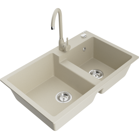 Mexen Tomas dřez žulový 2-komorový s kuchyňskou baterií Telma, béžový - 6516-69-670200-69