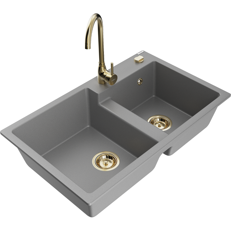 Mexen Tomas dřez granitový 2-komorový s kuchyňskou baterií Telma, šedý - 6516-71-670200-50