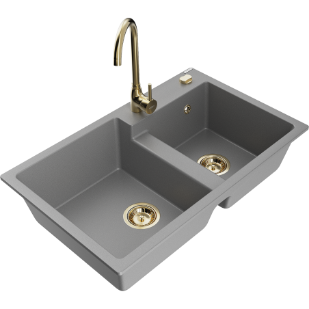 Mexen Tomas dřez granitový 2-komorový s kuchyňskou baterií Telma, šedý - 6516-71-670200-50