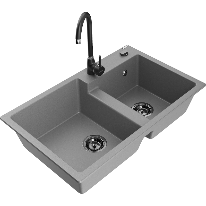 Mexen Tomas žulový dřez s 2 komorami a kuchyňskou baterií Telma, šedý - 6516-71-670200-70-B
