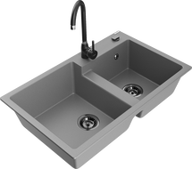 Mexen Tomas žulový dřez s 2 komorami a kuchyňskou baterií Telma, šedý - 6516-71-670200-70-B