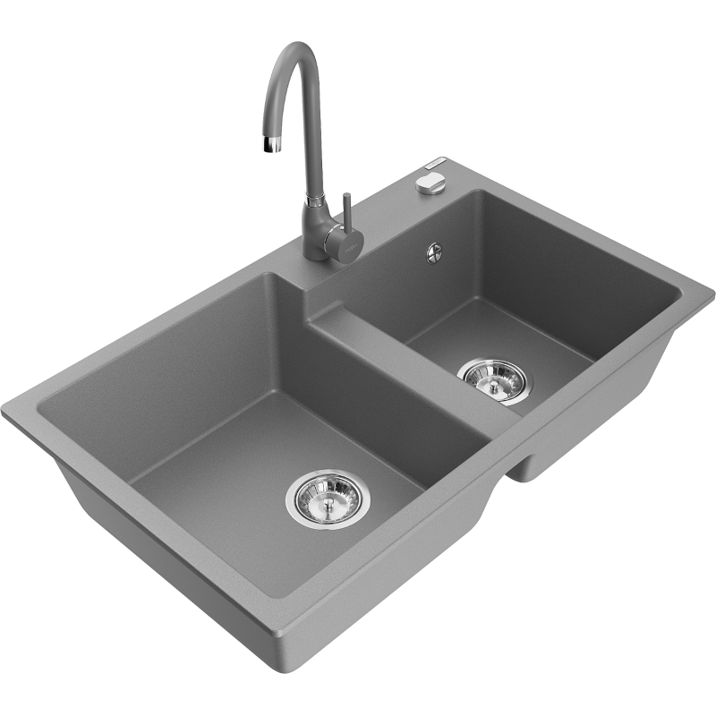 Mexen Tomas žulový dřez dvoukomorový s kuchyňskou baterií Telma, šedý - 6516-71-670200-71