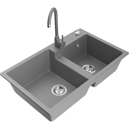 Mexen Tomas žulový dřez dvoukomorový s kuchyňskou baterií Telma, šedý - 6516-71-670200-71
