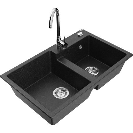 Mexen Tomas žulový dřez 2-komorový s kuchyňskou baterií Telma, černý/stříbrný metalický - 6516-73-670200-00