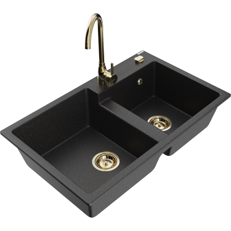 Mexen Tomas žulový dřez 2-komorový s kuchyňskou baterií Telma, černý/stříbrný metalik - 6516-73-670200-50