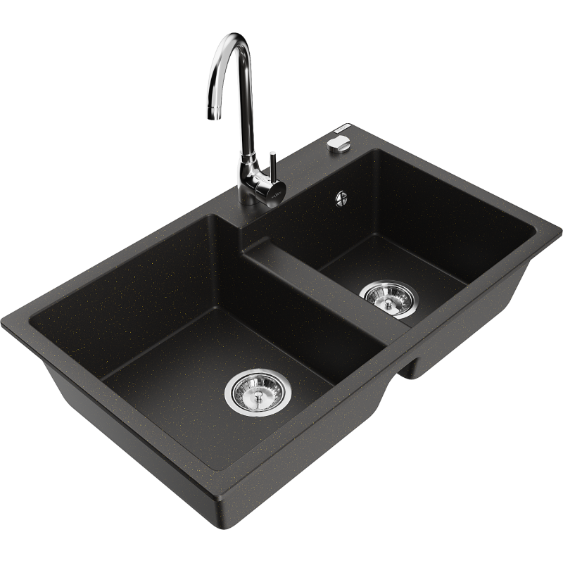 Mexen Tomas žulový dřez 2-komorový s kuchyňskou baterií Telma, černý/zlatý metalik - 6516-75-670200-00