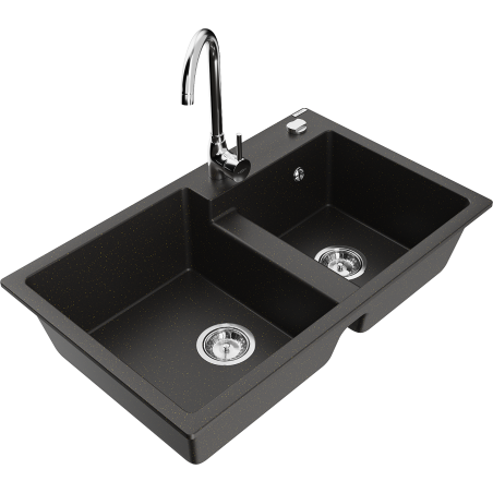 Mexen Tomas žulový dřez 2-komorový s kuchyňskou baterií Telma, černý/zlatý metalik - 6516-75-670200-00