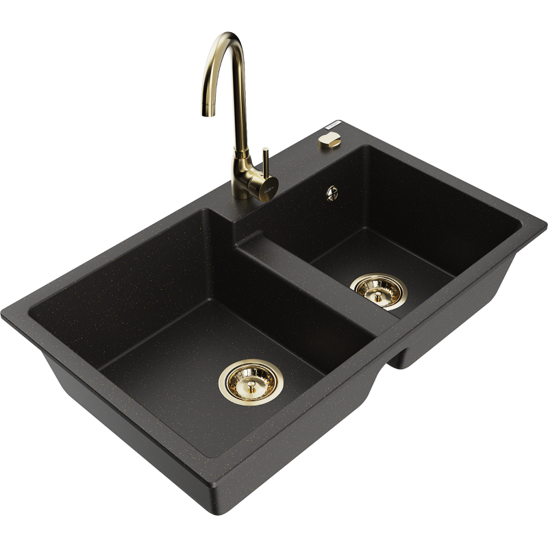Mexen Tomas žulový dřez 2-komorový s kuchyňskou baterií Telma, černý/zlatý metalik - 6516-75-670200-50