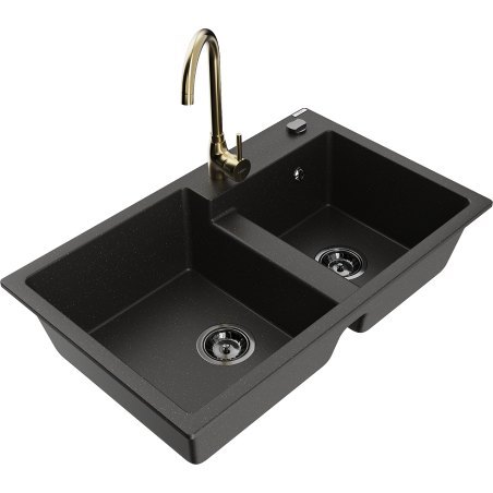 Mexen Tomas žulový dřez s 2 komorami a kuchyňskou baterií Telma, černý/zlatý metalický - 6516-75-670200-50-B