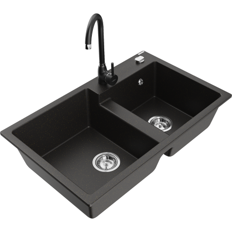 Mexen Tomas dřez granitový 2-komorový s kuchyňskou baterií Telma, černý/zlatý metalik - 6516-75-670200-70