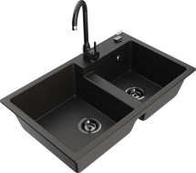 Mexen Tomas dvoukomorový granitový dřez s kuchyňskou baterií Telma, černý/zlatý metalik - 6516-75-670200-70-B