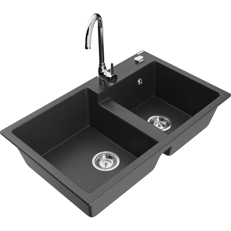 Mexen Tomas dvoukomorový granitový dřez s kuchyňskou baterií Telma, černý skvrnitý - 6516-76-670200-00