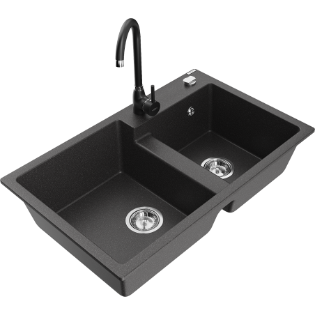 Mexen Tomas dřez granitový 2-komorový s kuchyňskou baterií Telma, černý kropenatý - 6516-76-670200-70