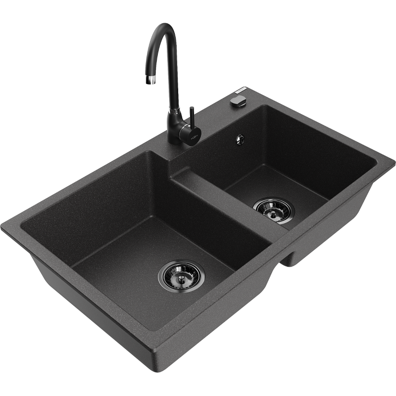 Mexen Tomas granitový dřez 2-komorový s kuchyňskou baterií Telma, černý kropenatý - 6516-76-670200-70-B