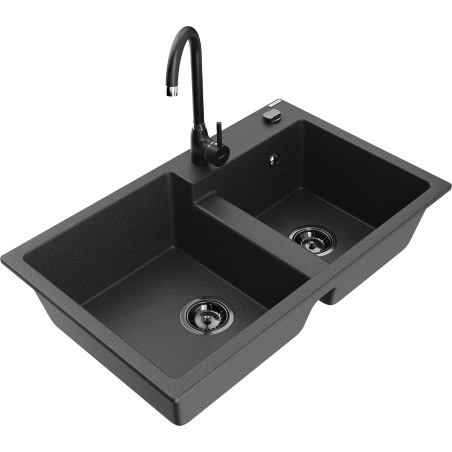 Mexen Tomas granitový dřez 2-komorový s kuchyňskou baterií Telma, černý kropenatý - 6516-76-670200-70-B