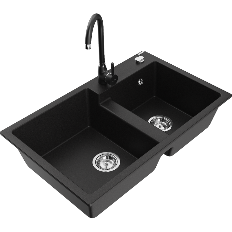 Mexen Tomas žulový dřez s 2 komorami a kuchyňskou baterií Telma, černý - 6516-77-670200-70