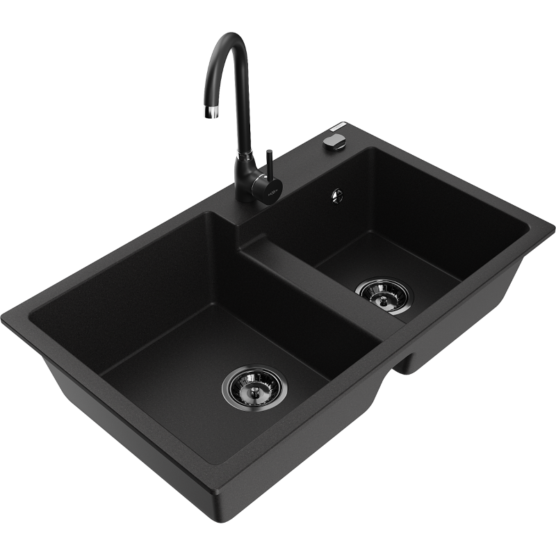 Mexen Tomas granitový dřez 2-komorový s kuchyňskou baterií Telma, černý - 6516-77-670200-70-B