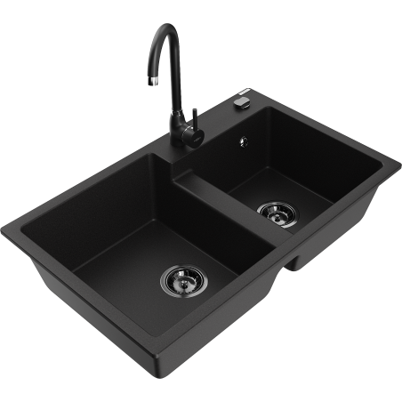 Mexen Tomas granitový dřez 2-komorový s kuchyňskou baterií Telma, černý - 6516-77-670200-70-B