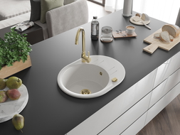 Mexen Kevin granitový dřez 1-komorový s odkapávačem a kuchyňskou baterií Telma, bílý - 6517-20-670200-50