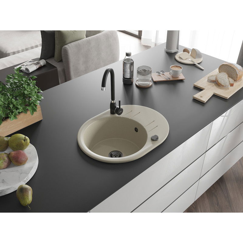 Mexen Kevin granitový dřez jednokomorový s odkapávačem a kuchyňskou baterií Telma, béžový - 6517-69-670200-70