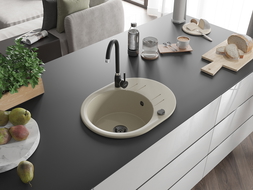 Mexen Kevin granitový dřez jednokomorový s odkapávačem a kuchyňskou baterií Telma, béžový - 6517-69-670200-70