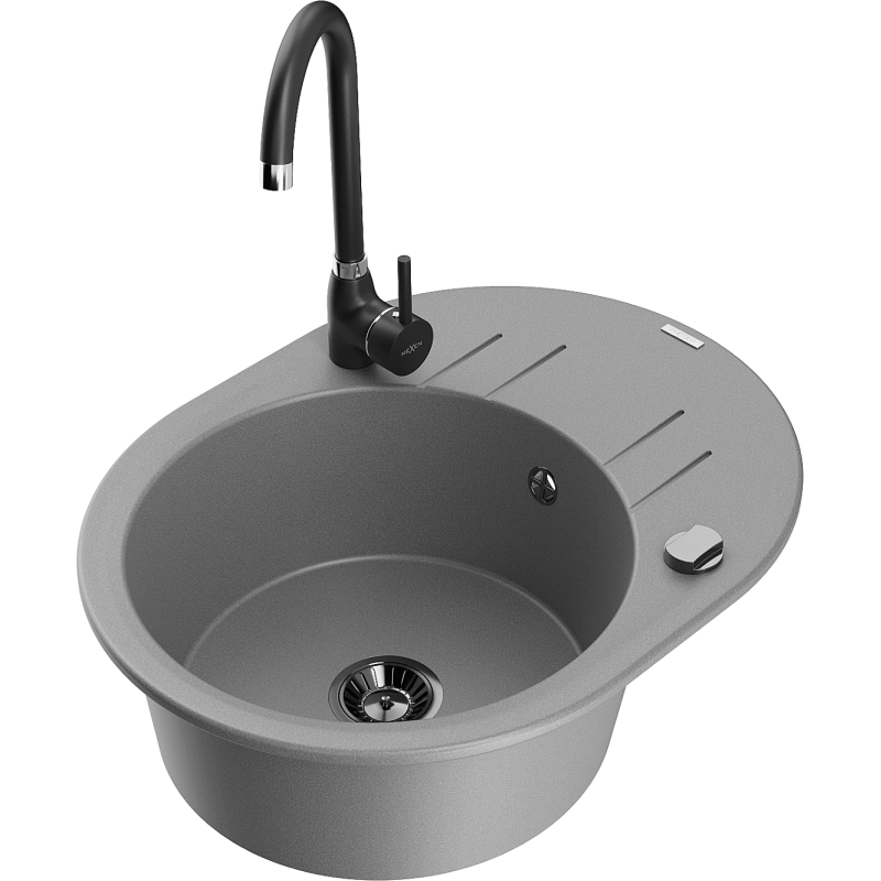 Mexen Kevin granitový kuchyňský dřez jednodřezový s odkapávačem a kuchyňskou baterií Telma, šedý - 6517-71-670200-70-B