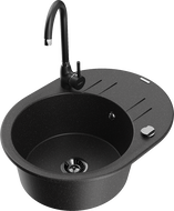 Mexen Kevin žulový dřez s 1 komorou a odkapávačem a kuchyňskou baterií Telma, černý/stříbrný metalický - 6517-73-670200-70-B