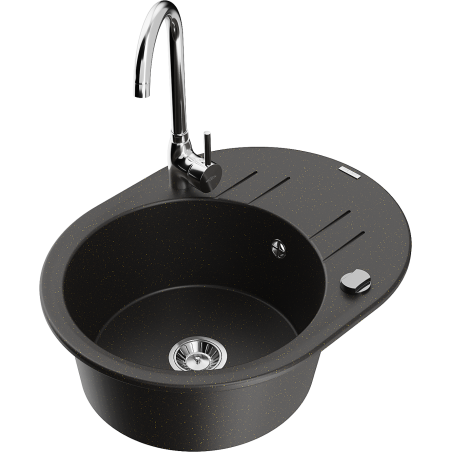 Mexen Kevin granitový dřez 1-komorový s odkapávačem a kuchyňskou baterií Telma, černý/zlatý metalický