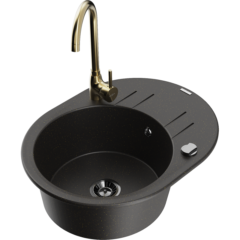 Mexen Kevin granitový dřez 1-komorový s odkapávačem a kuchyňskou baterií Telma, černý/zlatý metalik - 6517-75-670200-50-B