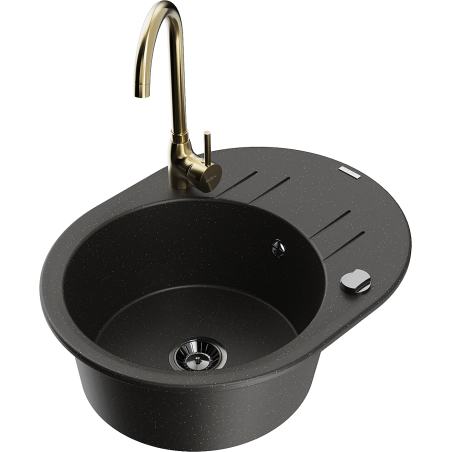 Mexen Kevin granitový dřez 1-komorový s odkapávačem a kuchyňskou baterií Telma, černý/zlatý metalik - 6517-75-670200-50-B