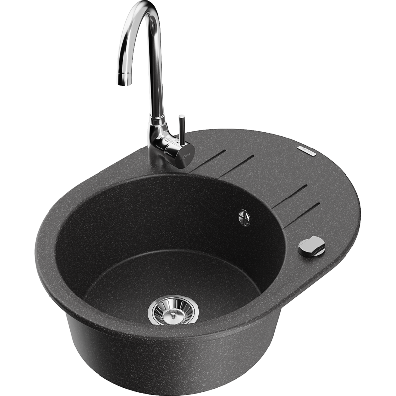 Mexen Kevin granitový dřez 1-komorový s odkapávačem a kuchyňskou baterií Telma, černý se skvrnami - 6517-76-670200-00