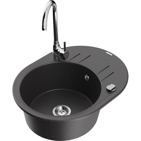 Mexen Kevin granitový dřez 1-komorový s odkapávačem a kuchyňskou baterií Telma, černý se skvrnami - 6517-76-670200-00