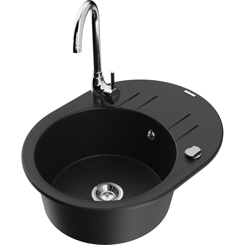 Mexen Kevin granitový dřez 1-komorový s odkapávačem a kuchyňskou baterií Telma, černý - 6517-77-670200-00