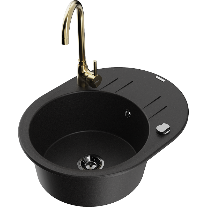 Mexen Kevin granitový dřez 1-komorový s odkapávačem a kuchyňskou baterií Telma, černý - 6517-77-670200-50-B