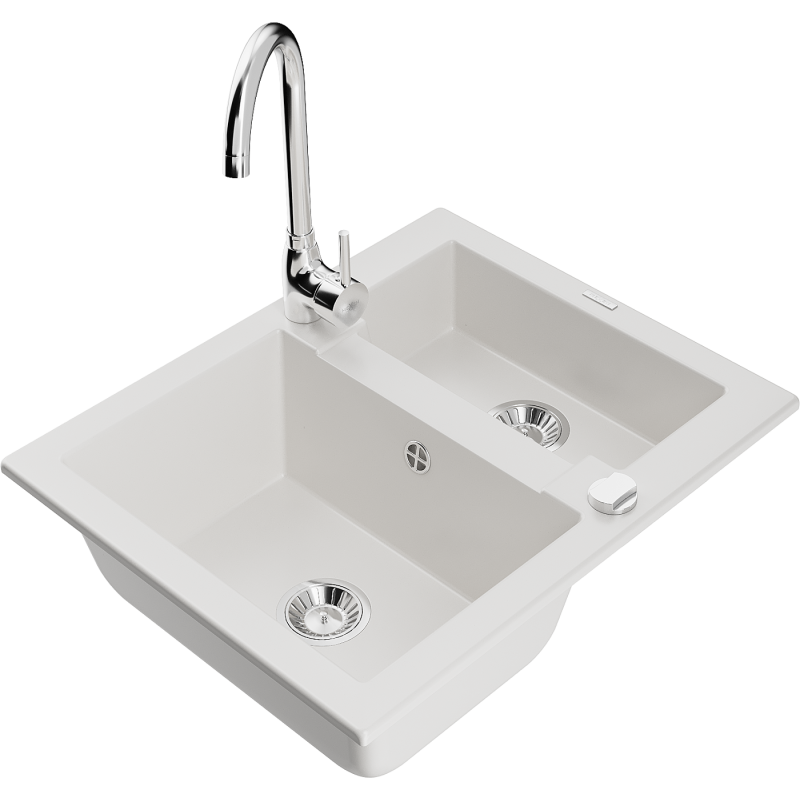 Mexen Carlos granitový dřez 1,5-komorový s kuchyňskou baterií Telma, bílý - 6518-20-670200-00